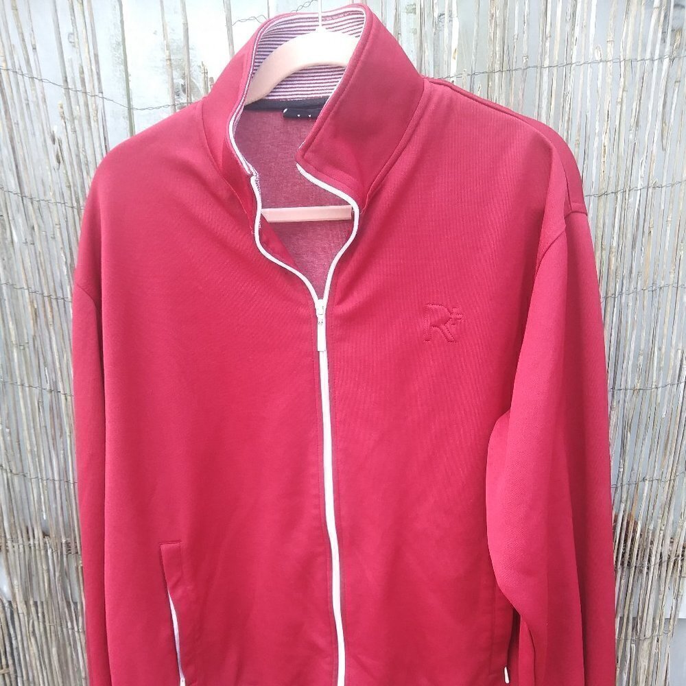 Rocawear Solid Red w/ Red & White Striped Trim Men's Zip Up Sweatshirt - L